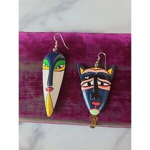 Vintage Wooden Dangling Handpainted Pierced Earrings MISMATCHED Pair, READ